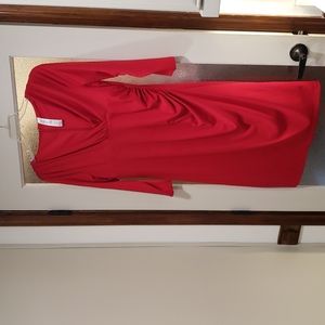 XL v-neck festive red dress. Rousing at one side. Funny lined minus 3/4 sleeves.